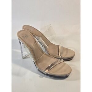 GB Women's Slip-on Clear Strap Block Heels Tan Pumps Size 9.5 M